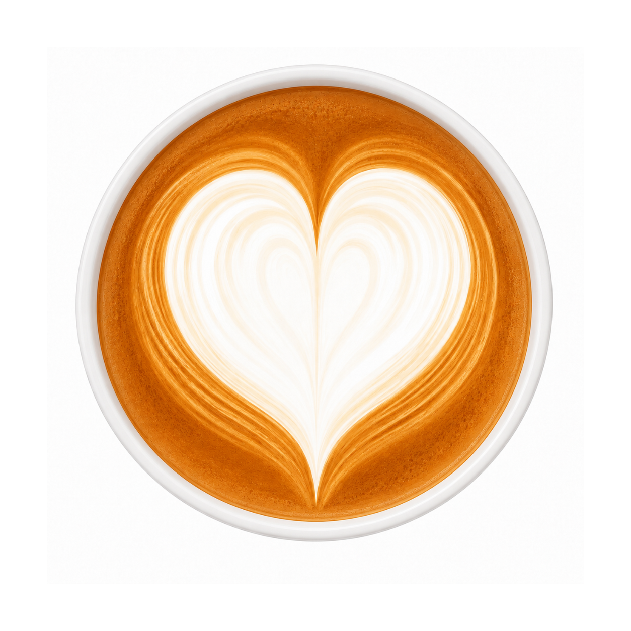 Cup of coffee with a heart-shaped latte art design on a white background