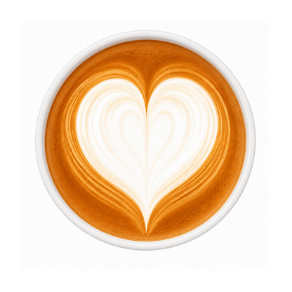 Cup of coffee with a heart-shaped latte art design on a white background