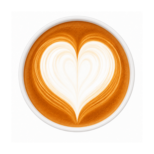 Cup of coffee with a heart-shaped latte art design on a white background