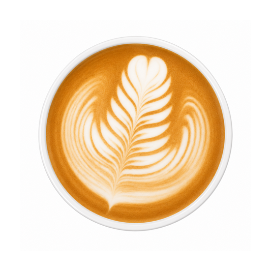 Cappuccino with leaf-shaped foam art on a white background