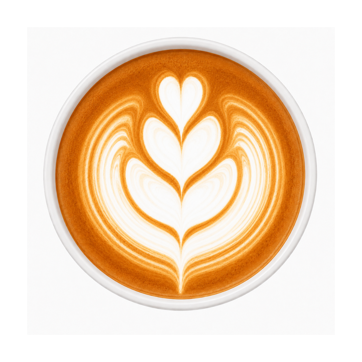 Cup of coffee with a heart-shaped latte art design on a white background