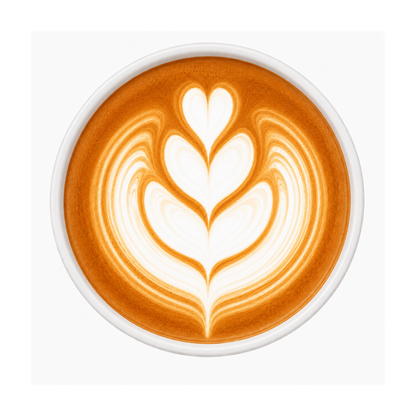 Cup of coffee with a heart-shaped latte art design on a white background