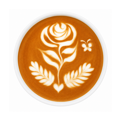 Latte art design on a white cup with a white background