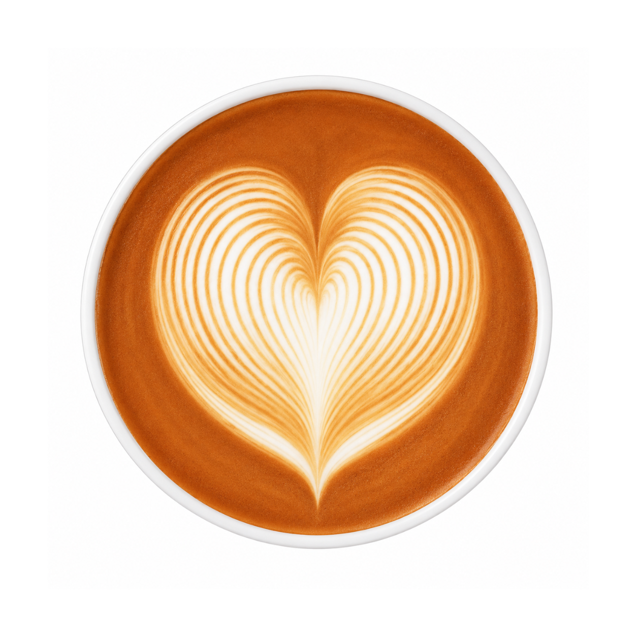 Cup of coffee with a heart-shaped latte art design on a white background