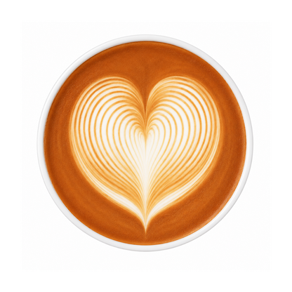Cup of coffee with a heart-shaped latte art design on a white background