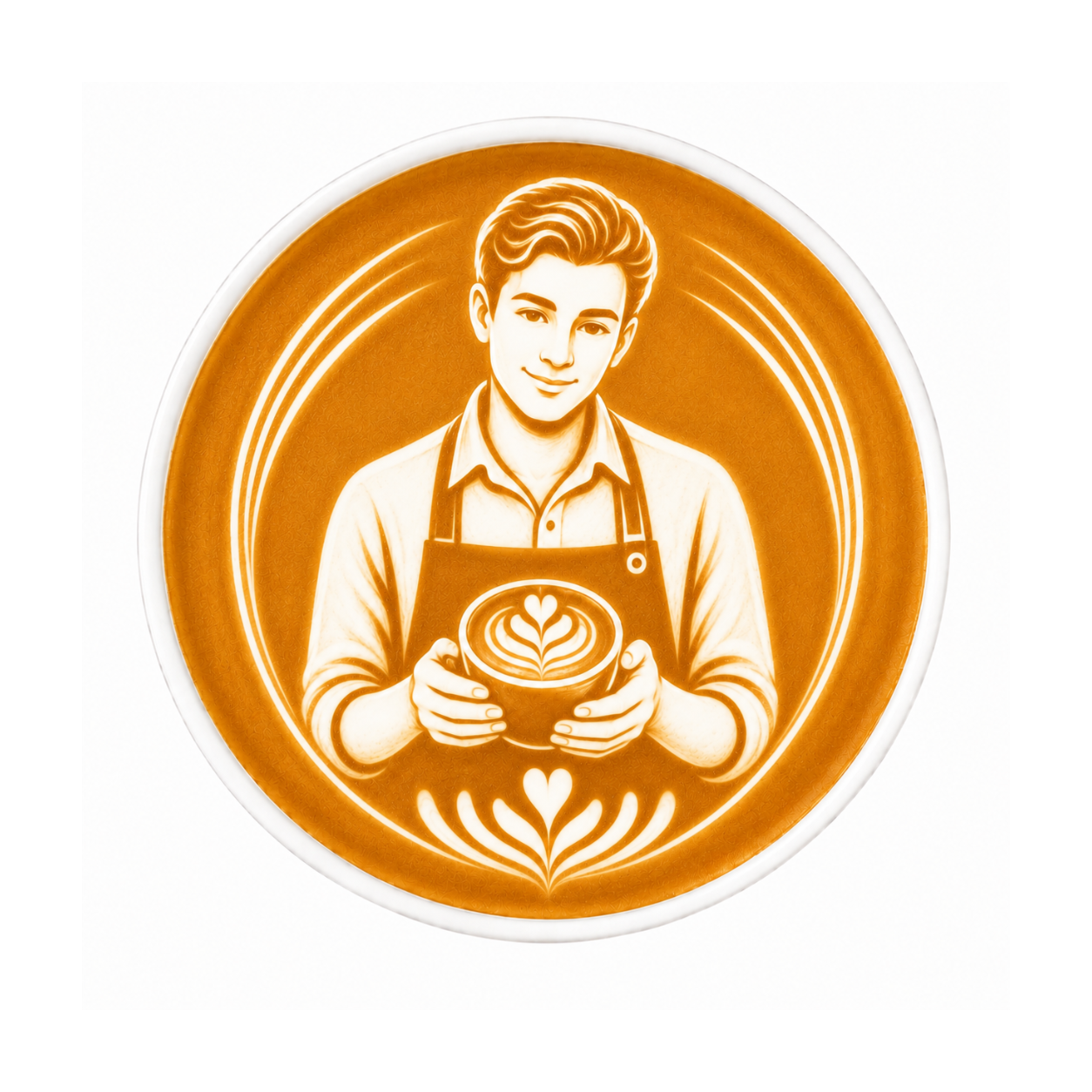 Illustration of a barista holding a coffee cup with latte art on an orange background