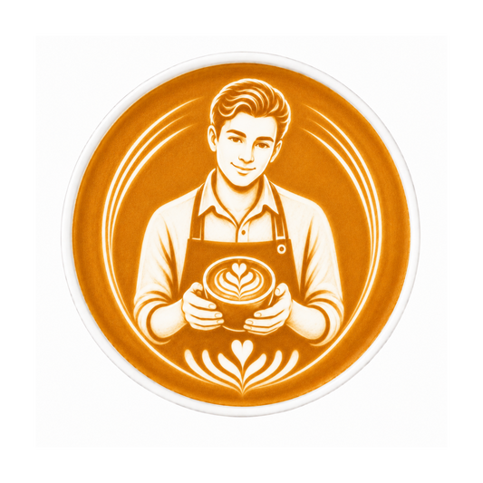 Illustration of a barista holding a coffee cup with latte art on an orange background
